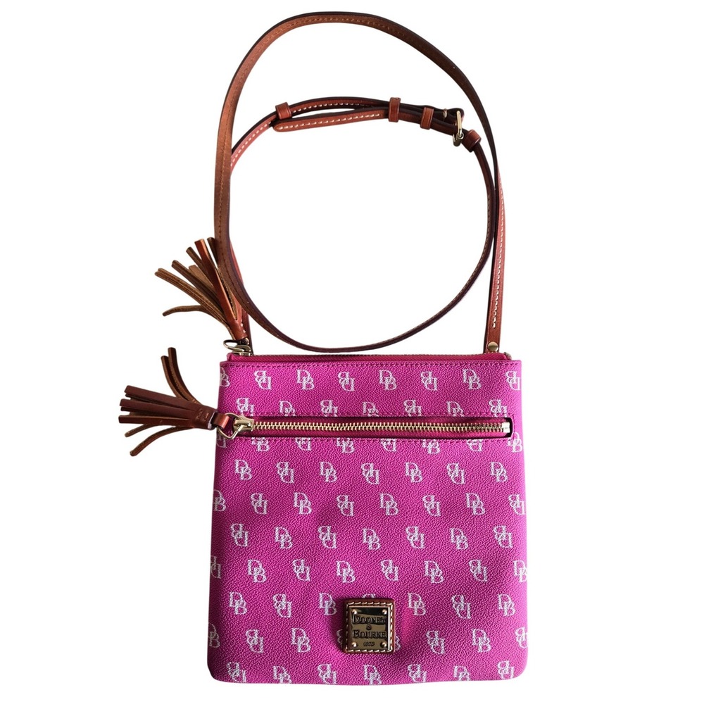 Dooney & Bourke Pink Monogram Coated Canvas Triple Zip Crossbody Bag Tan Leather